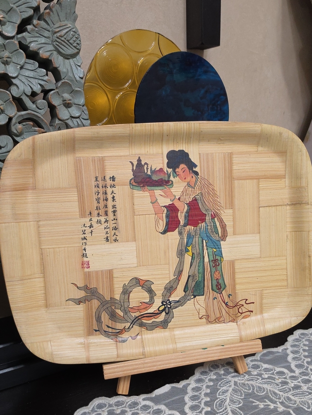Vtg 1960 Natural Bamboo Tray Decor Geisha Tea Server